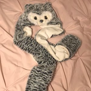 Winter owl hat attached with mittens